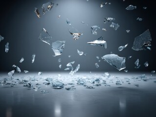 Broken glass shatters across the floor. Damage, danger, fragility, mess and aftermath.