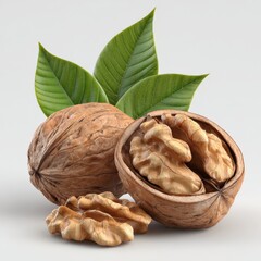 Walnuts are shown with green leaves. Close-up image of nuts, one walnut is whole, one walnut is split open to show the nut, and one shelled nut is placed below, on white backdrop.