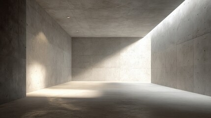 Empty concrete room with sunlight streaming through opening. Minimalist architecture, modern design, art gallery, clean space, indoor scene