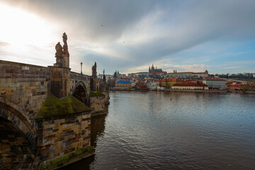 The Vltava River in the center of the Prague, Czech Republic, on a cloudy spring day	
