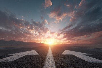 Road splits with arrows during beautiful sunset. Direction choice, decision, opportunity, success, vision concept.