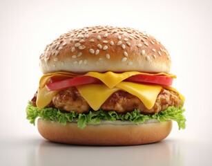 Burger displays its ingredients in an eye-catching manner. Appetizing meal, delicious food, culinary delight.