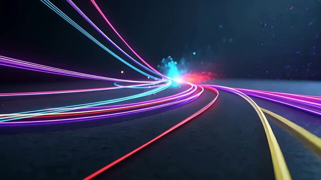 Colorful neon light trails on dark road surface with futuristic motion blur effect illustrating speed, data flow, and digital acceleration

 - Powered by Adobe