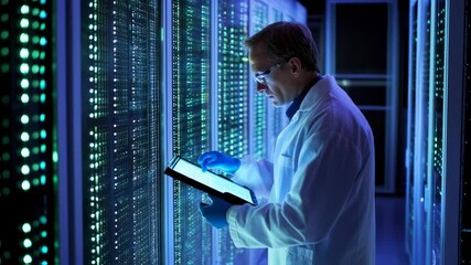 Data scientist analyzes server room with tablet for cybersecurity research - Powered by Adobe