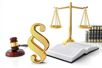 Golden Legal Symbols with Books and Gavel on Wooden Table