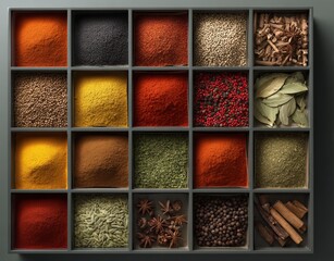 Assortment of spices and herbs arranged in a decorative box. Flavor, seasoning, culinary, aromatic, cooking, ingredient variety