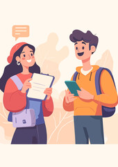 Student Discussion: A cheerful illustration of two students engaged in lively conversation, one holding a clipboard and the other using a smartphone, against a soft background. 