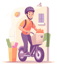 Delivery person on e-scooter: Happy delivery person wearing helmet riding an e-scooter with grocery bag in the front basket.