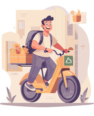 Urban Courier: A vibrant illustration of a delivery person navigating a cityscape, showcasing the efficiency and dynamism of modern food and goods transport.