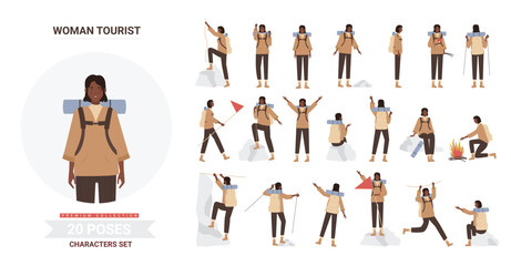 African american black woman tourist traveler adventure poses vector illustration set. Cartoon pretty young female hiker with backpack posing tourism activity, traveling, hiking climbing isolated