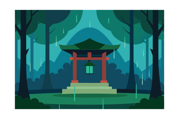 Fototapeta premium Rainy Day Forest Shrine Illustration