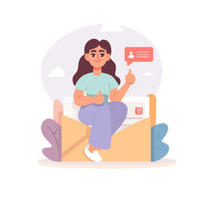 Message Received: A cartoon representation depicts a happy woman sitting on a large envelope, accompanied by an opened mail.