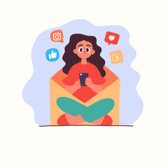 Digital Embrace: A person is immersed in the digital world, surrounded by social media icons, holding a smartphone. The illustration encapsulates the essence of online interaction.
