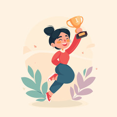 Victory Leap: A young woman joyfully leaps into the air, raising a golden trophy to symbolize success and triumph in a charming illustration.