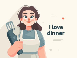 A Chef's Culinary Passion: A cheerful chef, exuding warmth and culinary enthusiasm, holds cooking tools, radiating the joy of creating delightful dinners.