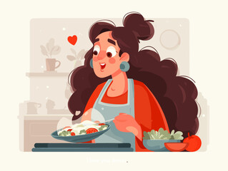 Culinary Creation: A woman, with her hair styled gracefully, meticulously cooks a delicious dish within a cozy kitchen setting.