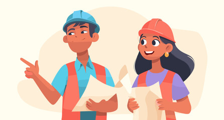 Construction Collaboration: A pair of construction workers, each with a protective helmet, review blueprints on a construction site. The image portrays their dedication to building.