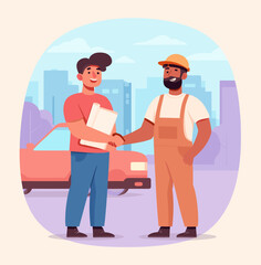 Successful Deal: Two men shaking hands, signifying a successful business deal. One man holds documents, and a car is visible in the background.