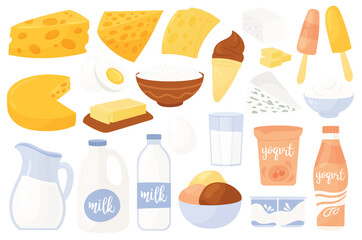 Dairy farm food product set vector illustration. Cartoon collection with glass jar and milk bottle, feta and cottage cheese in bowl, butter and yogurt packages, ice cream cone isolated on white