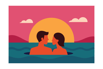 Romantic Couple Enjoying Sunset Swim Vector Illustration