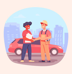Handshake Agreement in Car Service: A cartoon illustration of two people, a customer and a mechanic, shaking hands in front of a car, symbolizing agreement and satisfaction in car services.