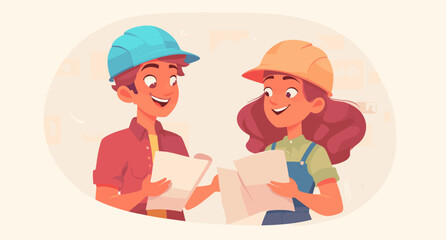 Construction Partnership: Two construction workers, a man and a woman, wearing hard hats, and reading building plans, against a plain backdrop. Representing collaboration.