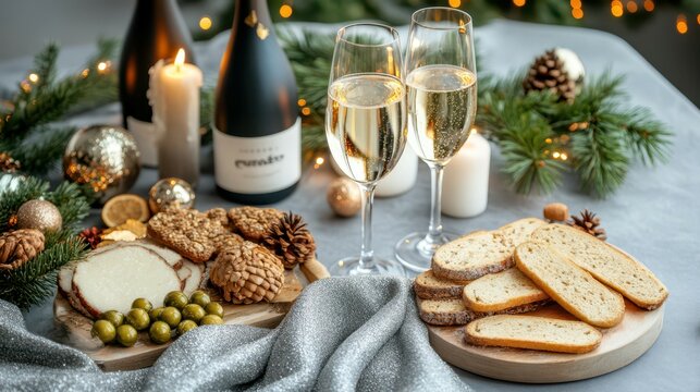 Festive Celebration: A visually stunning and inviting tablescape, showcasing two glasses of champagne and gourmet appetizers arranged to celebrate holiday season - Powered by Adobe