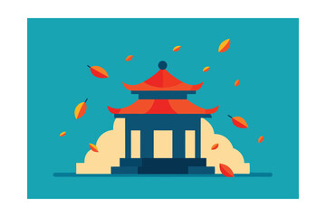 Obraz premium Rural Temple with Stone Lanterns and Falling Leaves Vector