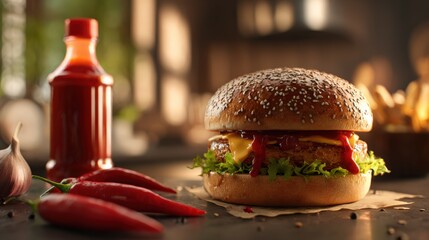 Spicy burger sits alongside chili peppers and hot sauce. Food photography, culinary, meal, gourmet, burger
