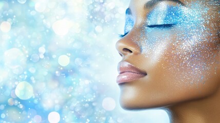 Serene Beauty: A captivating portrait of a woman with shimmering, blue eyeshadow, embodying tranquility, relaxation and elegance. Her closed eyes suggest a moment of peaceful reflection amidst a soft.