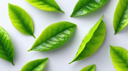 Fresh green leaves lay on white surface. Tea leaves, freshness, herbal, natural, organic, plant, vibrant, vivid