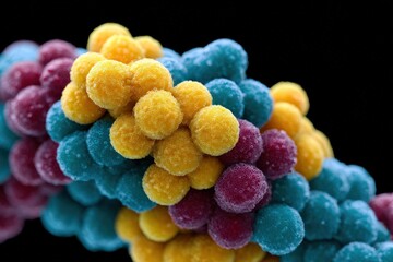 Colorful spheres are clustered tightly together on a black background. Abstract arrangement of blue, yellow, red textured balls representing complexity and growth.