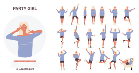 Young woman poses on dance party vector illustration set. Cartoon happy dancer female character dancing in different postures, active stylish partygoer person enjoying fun party time isolated on white
