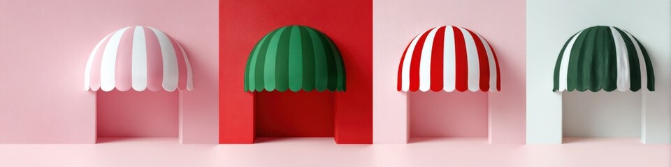 Colorful striped awnings stand in a row. Abstract design, shop front, architecture, decoration, vivid
