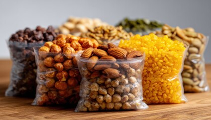 Variety of nuts and dried fruit in plastic bags. Healthy snack, mixed nuts, nutrition, food assortment.