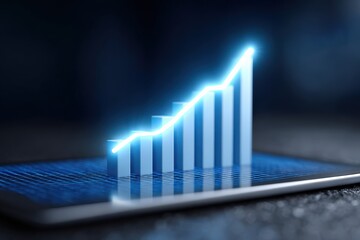 Bar graph shows upward trend on tablet screen. Business growth, financial success, positive statistics, digital analytics, performance