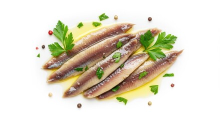 Fresh anchovies garnished with parsley and spices on a white plate, ideal for culinary presentations