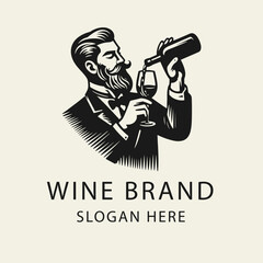 Black and white flat vector illustration of a sommelier pouring wine from a bottle into a glass. Elegant logo design for wine bars, wineries, restaurants, or beverage branding.