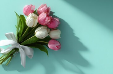 Bouquet of pink and white tulips rests on a blue surface. Floral arrangement, spring flowers, gift, love, bloom, blossom, romance
