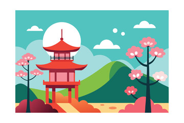 Obraz premium Springtime Japanese Botanical Garden Vector 