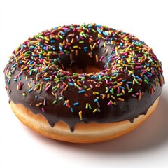 Donut covered with chocolate frosting and sprinkles. Sweet treat, dessert, confection, baked good, food