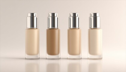 Bottles of foundation displayed in a row. Cosmetic colors, beauty product, makeup shades, elegance, skincare