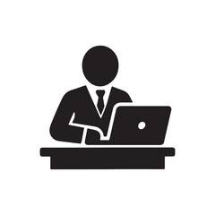 Businessman working on laptop at desk, simple icon