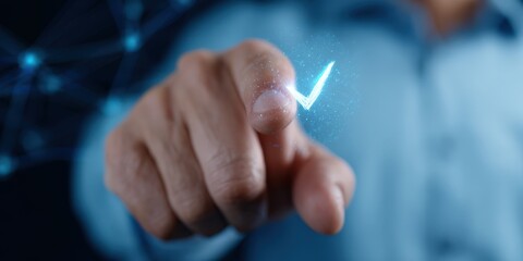Hand presses on digital screen with check mark. Modern technology, virtual interface, digital transformation, user experience, confirmation