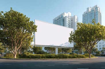 Billboard stands ready for advertisement in city roundabout. Marketing space, urban advertisement, outdoor media, public advertising, urban commercial