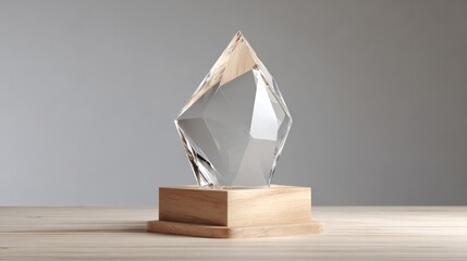 Close-up of crystal award on wooden base against neutral background. Achievement, prize, trophy, success, recognition.