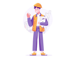 Construction worker: A skilled construction worker, equipped with a helmet and essential documents, exudes confidence, offering an "OK" gesture amidst architectural plans.