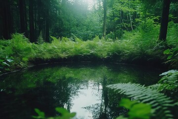 Obraz premium Serene small pond nestled in a lush green forest with vibrant foliage and calm waters, Small pond in beautiful green forest steady cam forward