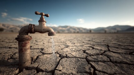 Water drips from a rusty faucet in a dry, cracked landscape. Drought, water scarcity, conservation, environmental crisis, arid climate.