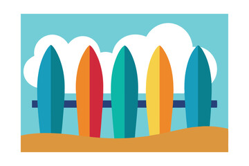Surfboards Leaning on Wooden Fence with Ocean Waves Printable Graphic Design
